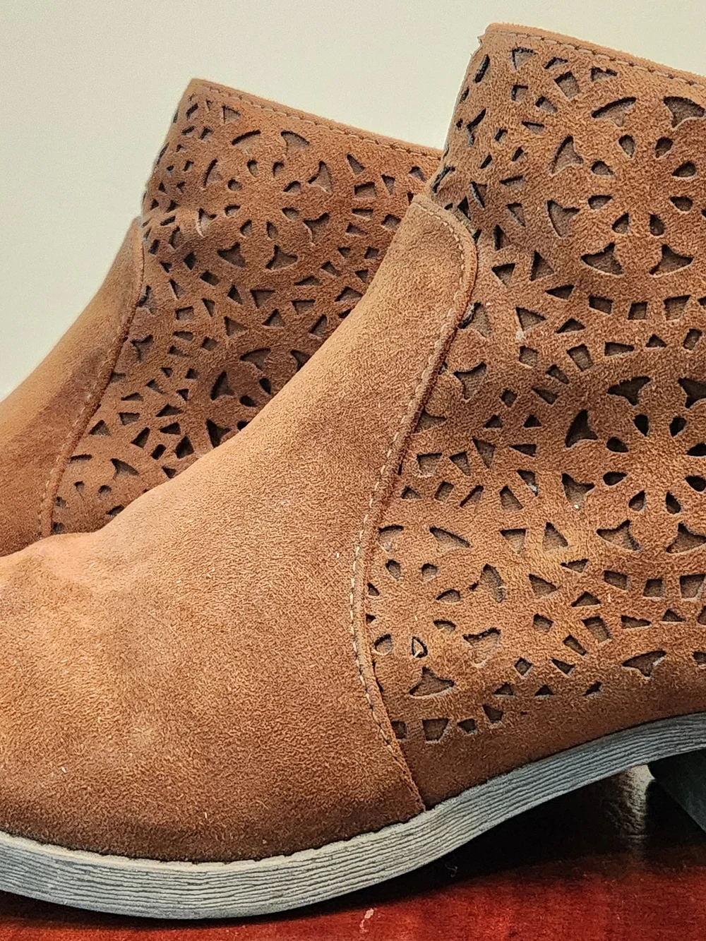 Carlos by Carlos Santana Cognac Suede Ankle Booties with Laser-Cut Detail 6.5M